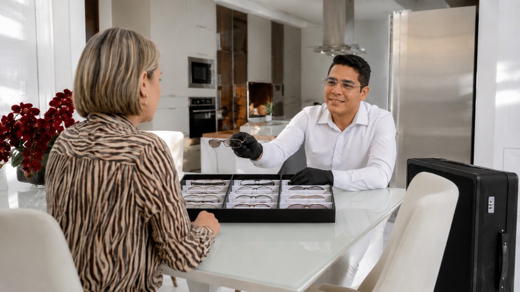 Óptico profissional realizando atendimento em domicílio, apresentando mostruário de armações para uma cliente